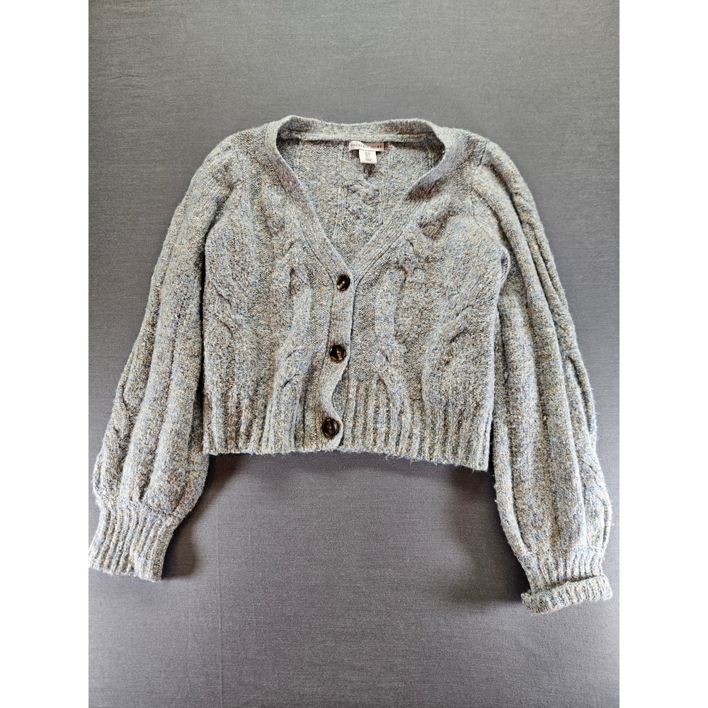 Sincerely Jules Blue Marled Cable Knit Cropped Cardigan Balloon Sleeve Sweater S